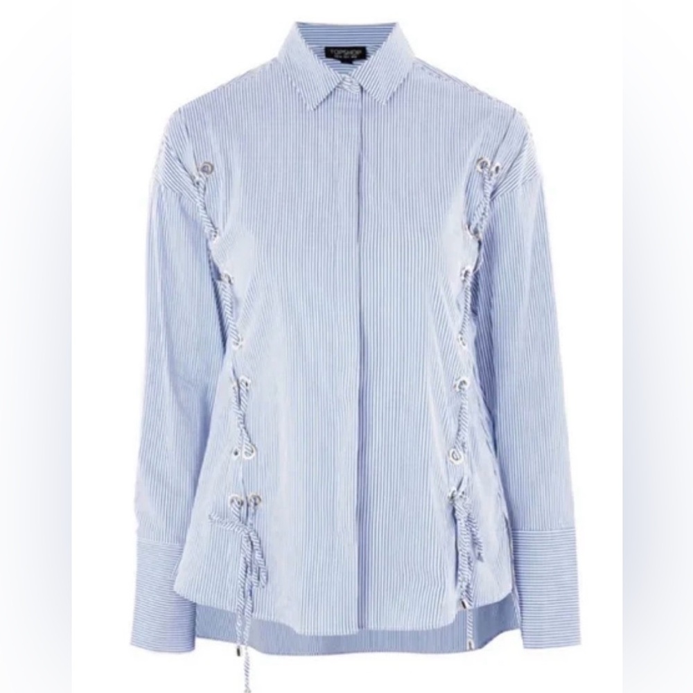 Topshop Eyelet Lace Up Blue and White Striped Shirt Long Sleeve